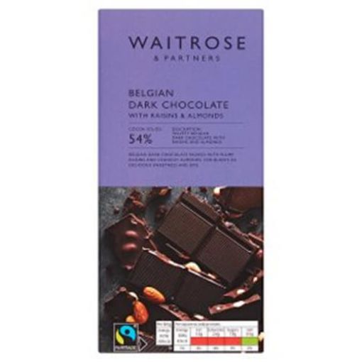 Picture of Waitrose Belgian Dark Chocolate Raisin & Almond 180g